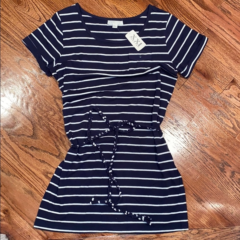 Navy/White Stripped Tie Waist T-Shirt Dress/Tunic